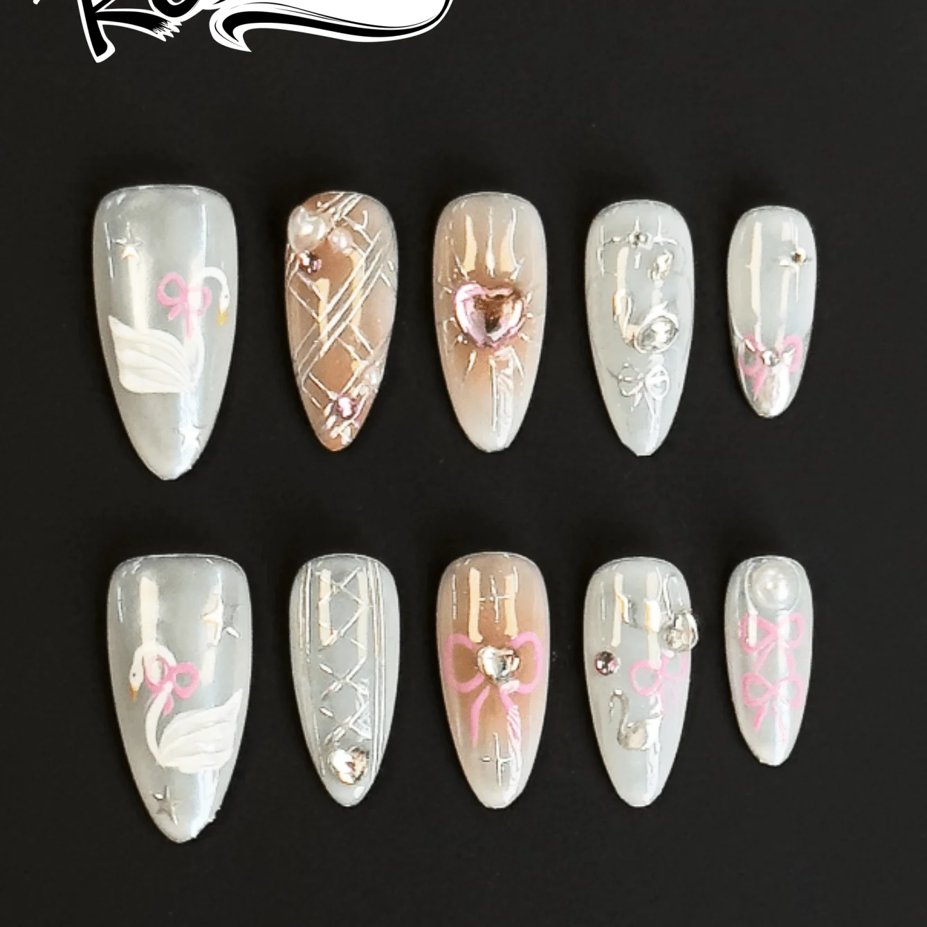 10 pieces of hand-pressed almond-shaped nails, beautiful fal