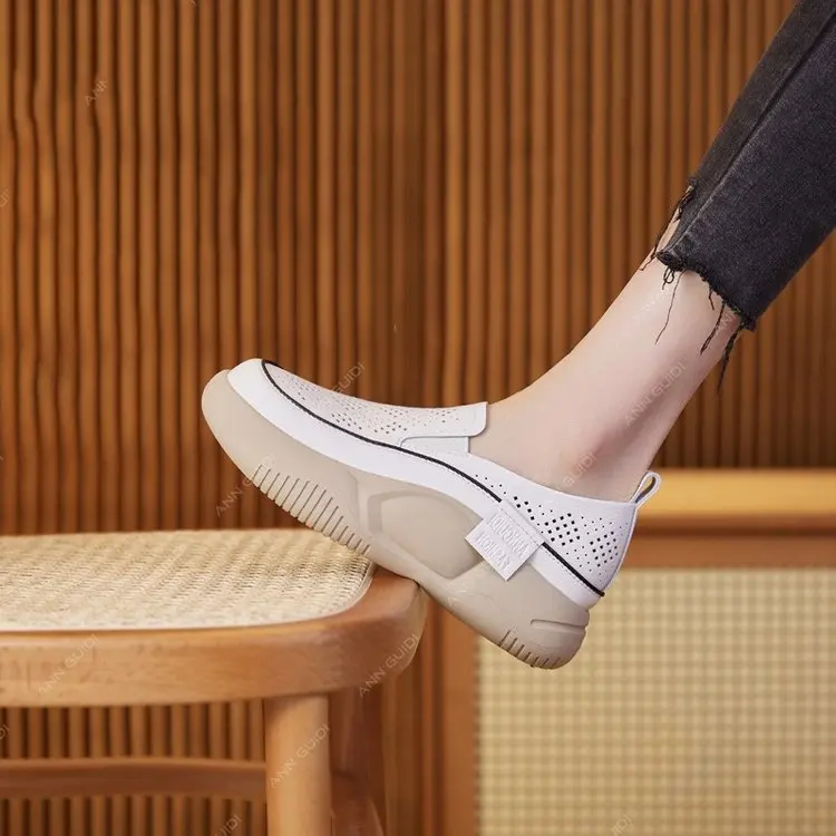 Female Hollow Out Loafers with Round Toe and Soft Sole 24 New Summer Fitting Single Shoe Thick Sole Small White Shoes for Women