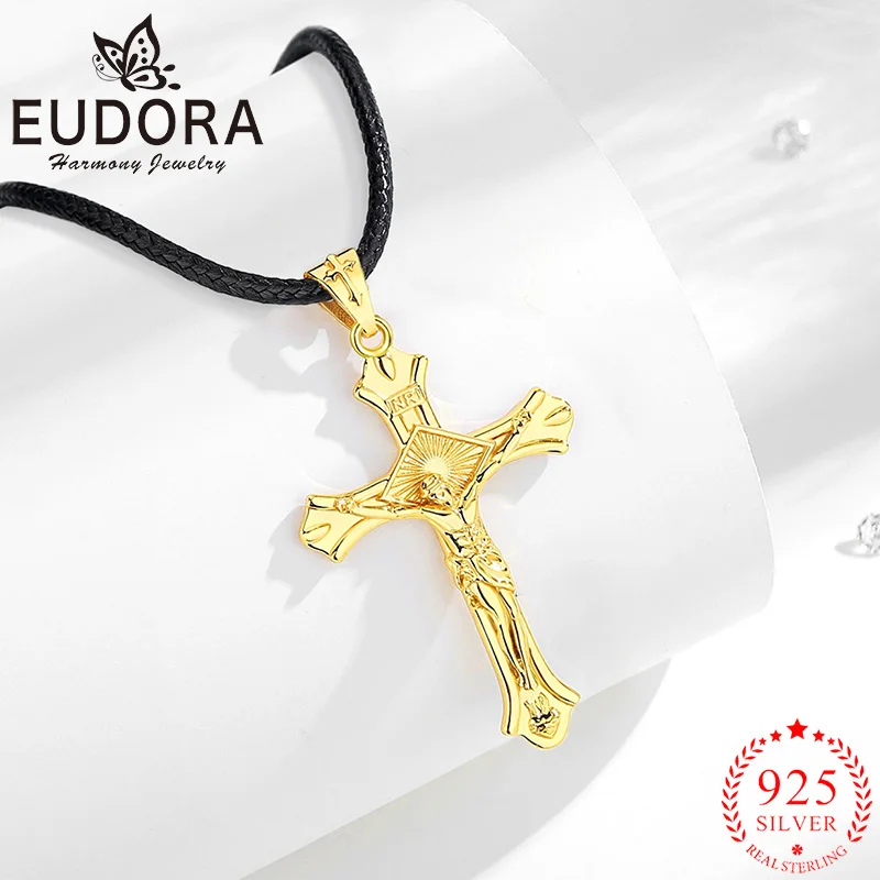 

Eudora 925 Sterling Silver Crucifix Cross Jesus Necklace 18K Gold Cross Christian Amulet Pendant Jewelry Fine Gift for Men Women