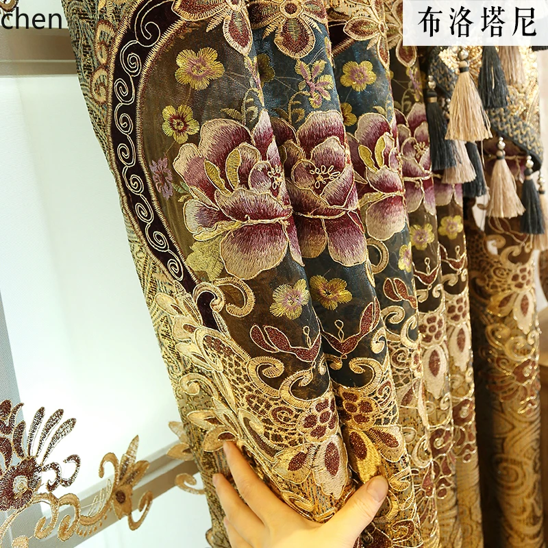 

YXY Custom Curtains Palace Luxury Vintage Gold Embroidery Hollow Curtain Fabric