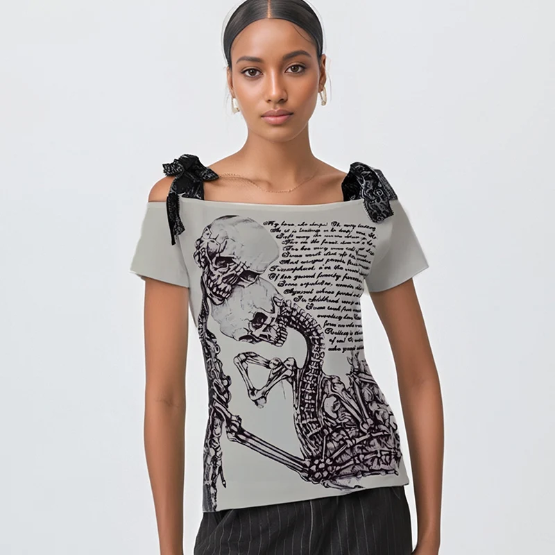Women clothing arcane Retro stitch Skull Print Short-sleeved T-shirt Female Subculture Y2k Slim Lace-up Top Gothic Shoulder Tees