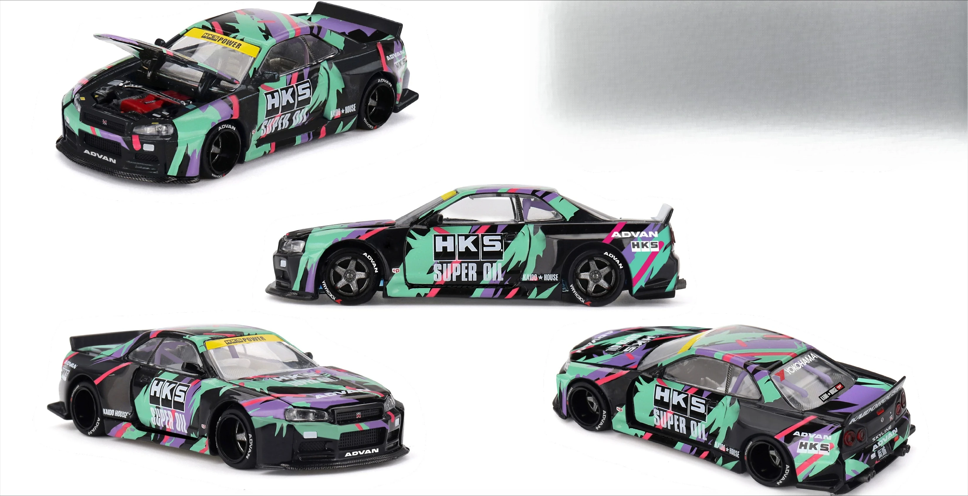 

1:64 GTR R34 HKS Livery Alloy Opening Hood Car Model