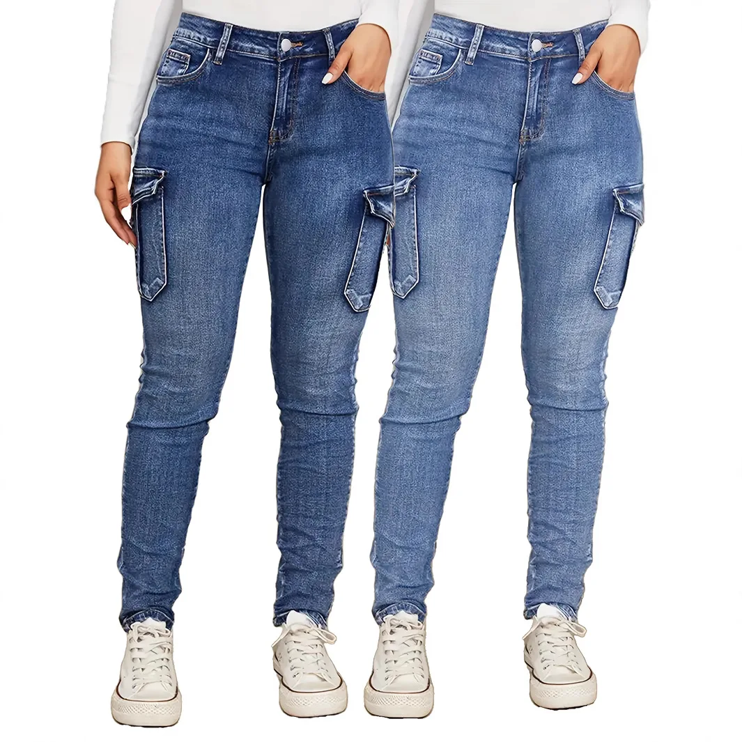 Women Low Rise Stretch Jeans Pleated Side Pockets Chic Design Trouser Spring Autumn Fashion Slim Casual Streetwear Denim Pants