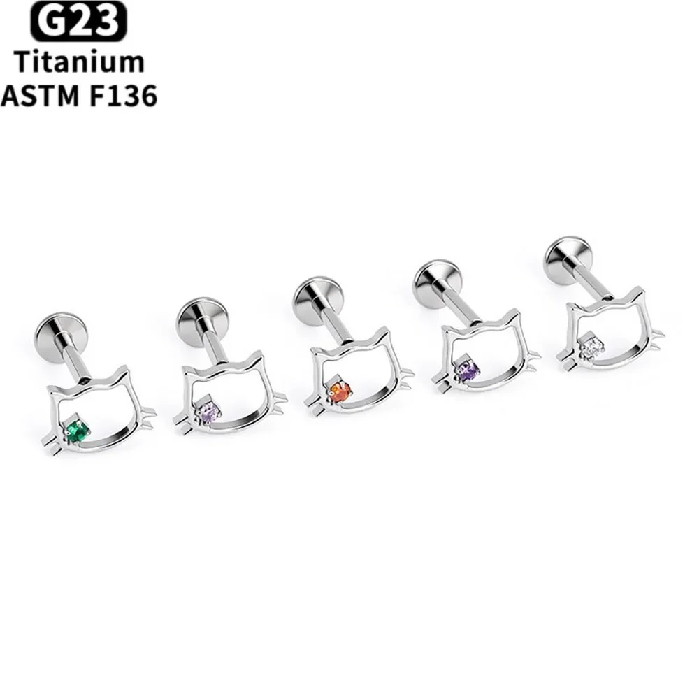 G23 Titan Niedliche Katzen-CZ-Ohrstecker mit Innengewinde für Knorpel, Ohrläppchen, Tragus, Helix – Modischer Piercing-Schmuck – Detail 5