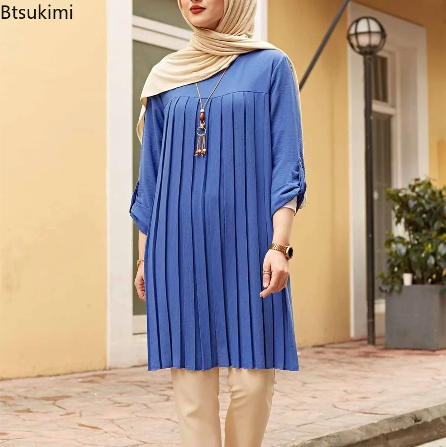 2024 New Muslim Pleated Blouse for Women Fashion Shirt Dress Adjustable Long Sleeve Shirt Tops Many Colors Muslim Fashion Women