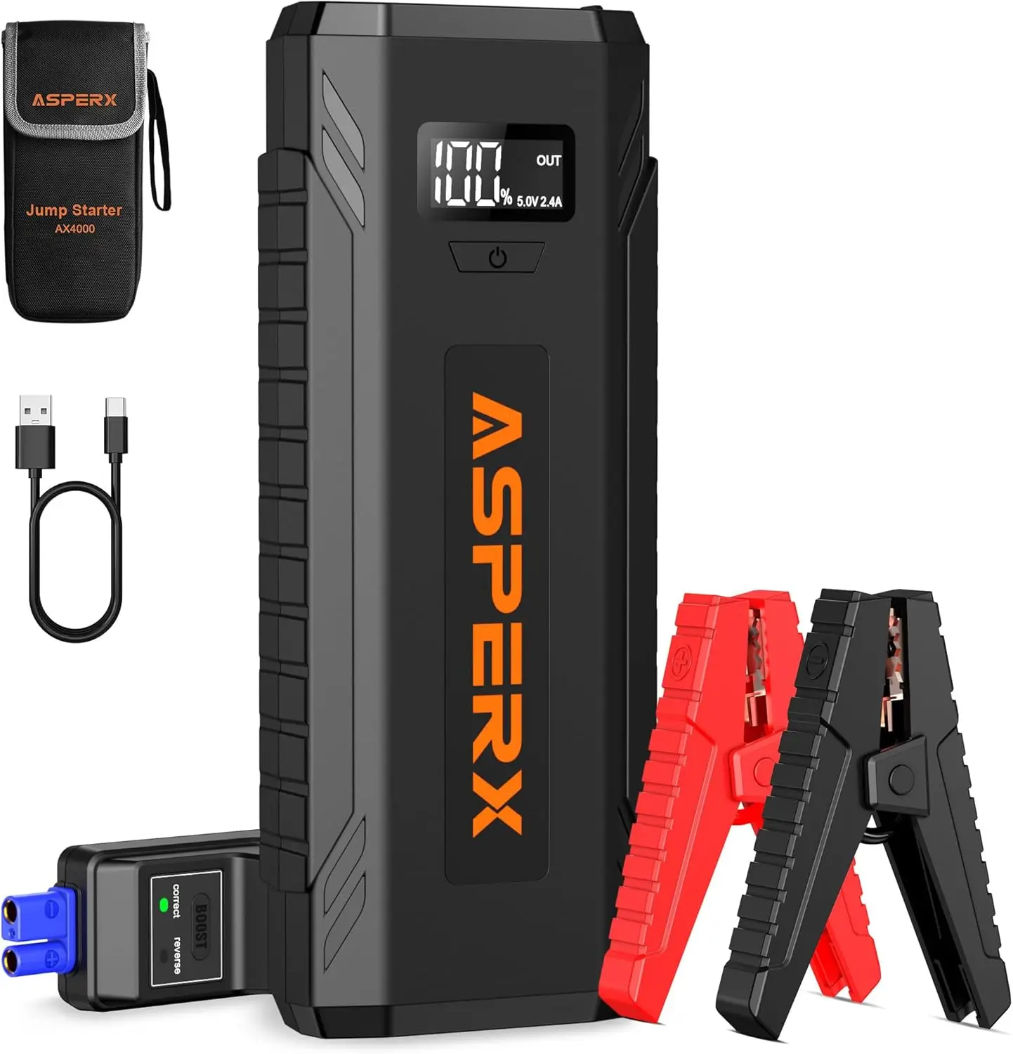 

4000A Peak Car Jump Starter for All Gas or 10.0L Diesel Engines, 12V Battery Booster with USB Port and LED Light