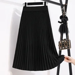 Casual High Waist Bandage Chic Pleated Loose Knitted Skirts Korean Fashion Office Lady Basics Autumn Winter Plus Size Clothing