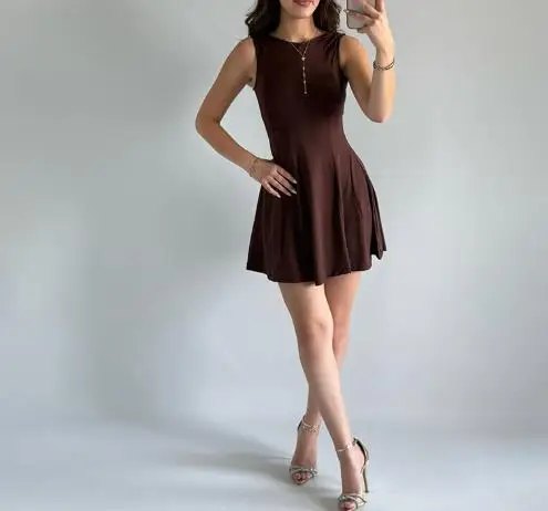 

Urban Casual Women's Dresses Solid Color Round Neck Sleeveless Backless Tight and Sexy Short Skirt Autumn 2025 A-Line Mini Dress