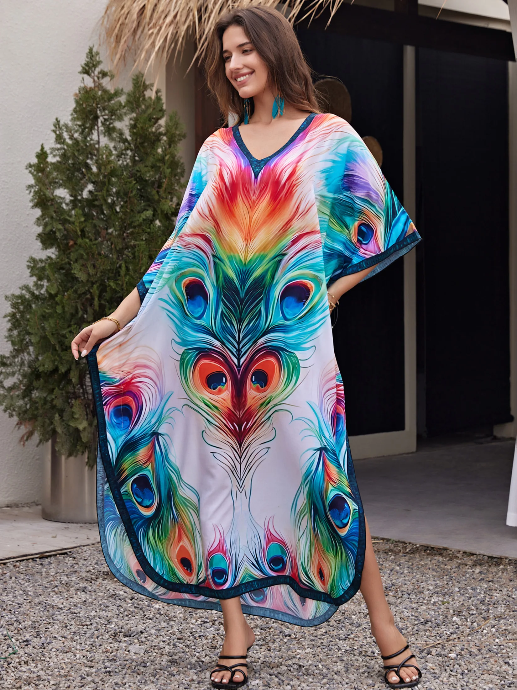 Peacock Printed Bohemian V Neck Batwing Sleeve Kaftan Beach Dress For Women Clothing 2024 Summer Vacation Moo Moo Dreses Q1638