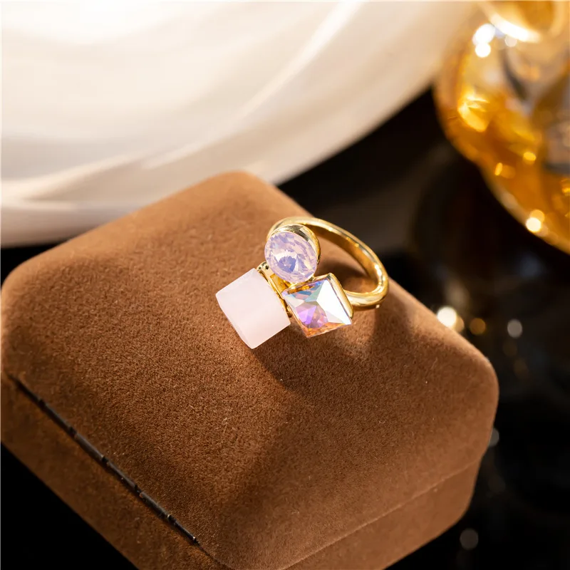 2024 New Jelly Powder Crystal Cube Adjust Open Ring for Women Girls Finger Gradient Square Candy Summer Fashion Jewelry