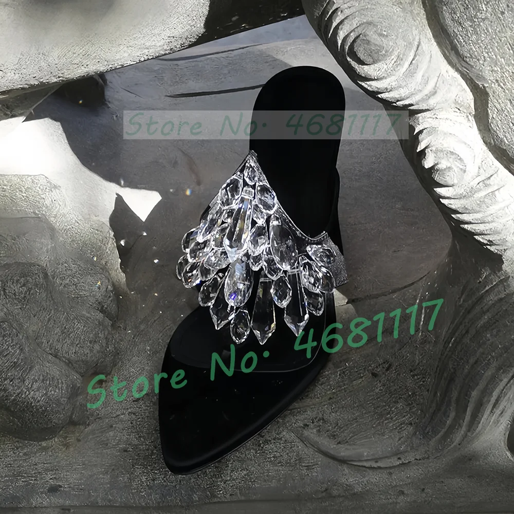 Clear Drop-shape Crystal Thong Slippers Women Bling Classy Open Pointy Toe High Heels Slippers Ladies Summer Black Satin Shoes