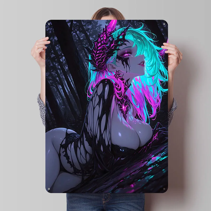 Neon-Dämonenmädchen im Dunklen Wald Blechposter Individualisierte Wandkunst Vintage Metallschilder Retro Blechplakette für Garagenzubehör