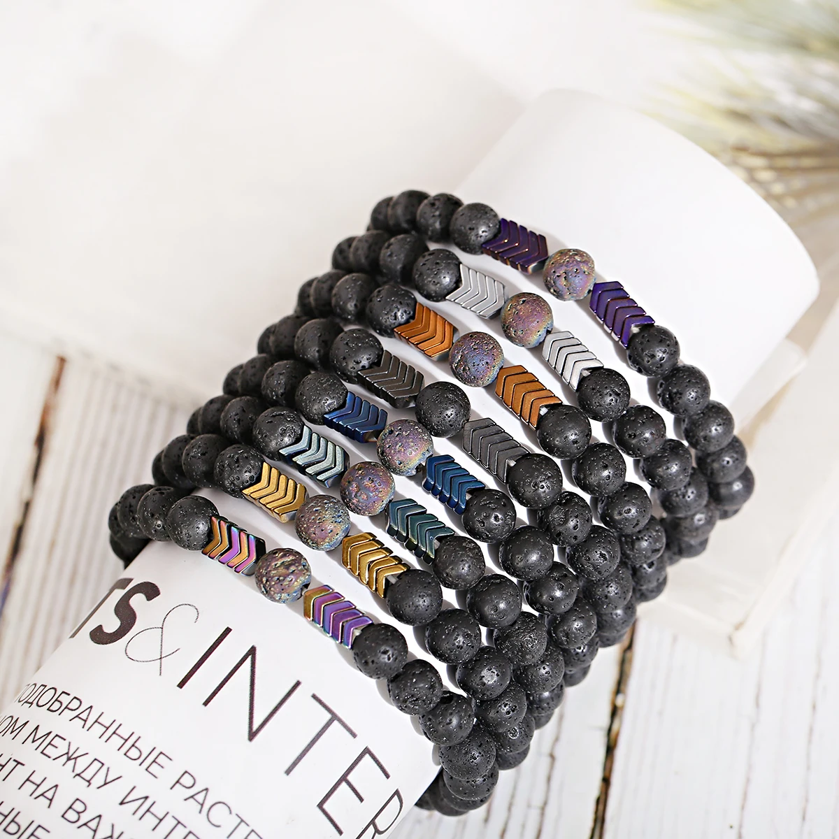 Fashion Black Lava Rock Beaded Bracelet for Men Multicolor Hematite Arrow Spacers Beads Elastic Bracelets Unisex Casual Jewelry