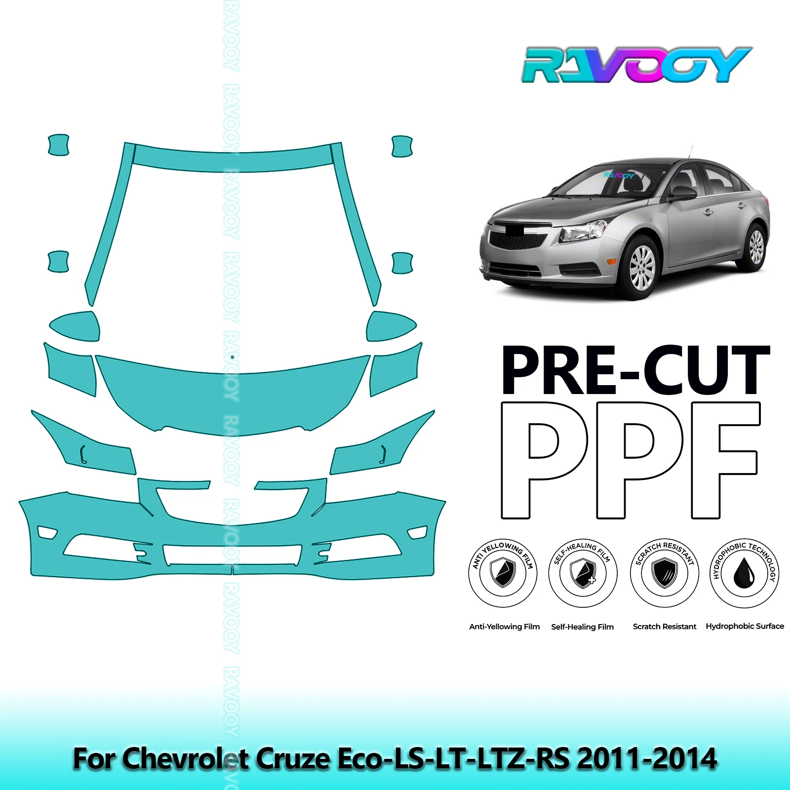 

8.5Mil Precut Paint Protection Film PPF Clear Bra Front Kit For Chevrolet Cruze Eco-LS-LT-LTZ-RS 2011-2014