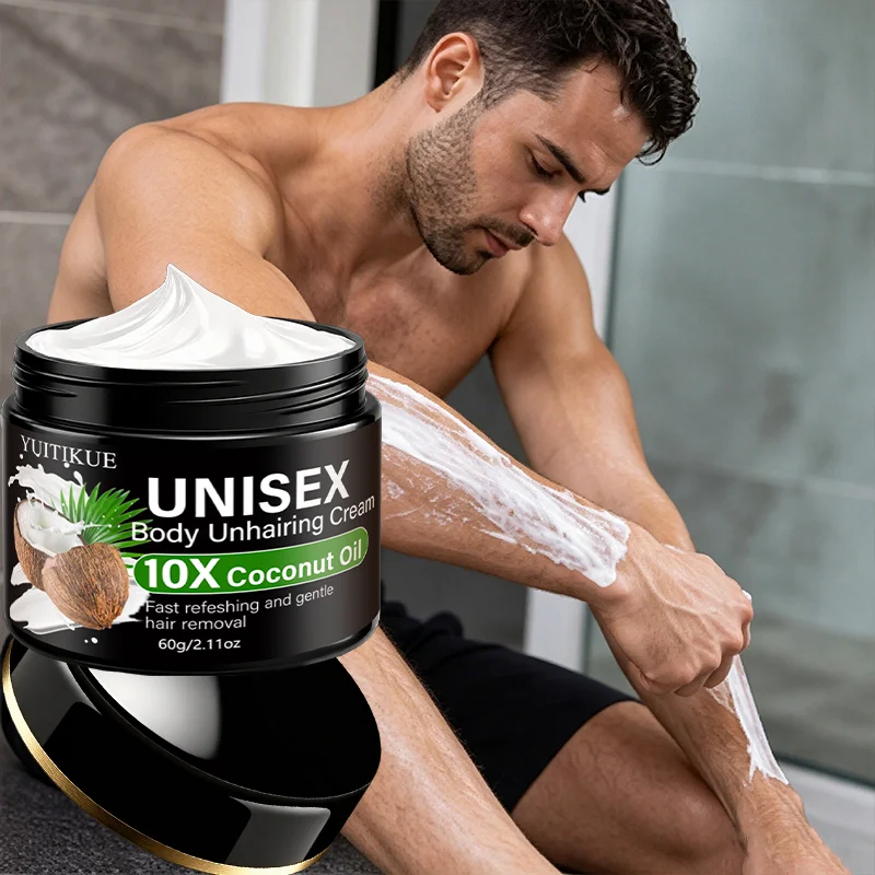 Natürliche Kokosnussöl Sanfte Enthaarungscreme 60g, Milde Schnell Wirkende Erfrischende Körperhaarentfernungslotion für Männer und Frauen
