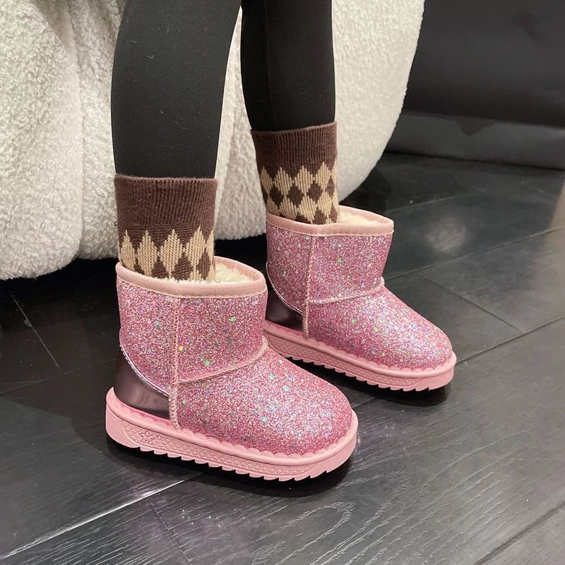 

2026 Winter New Girl's Fleece Lined Sequins Kids Snow Boots Toddler Warm Cotton Short Boots​