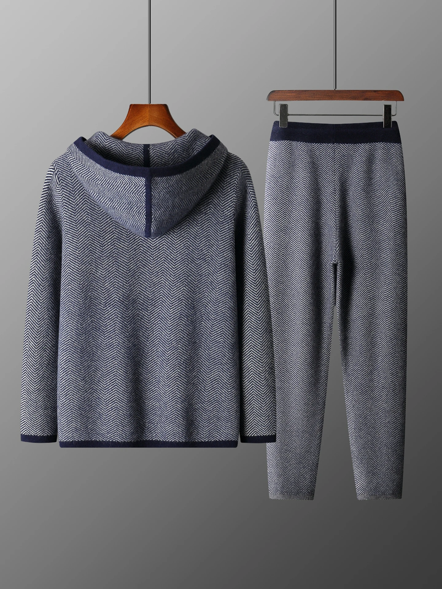 Autumn Winter Men 100% Merino Wool Two-piece Suit Hooded Zipper Cardigan Sweater Coat Straight Leg Trousers Warm Knitwear Se