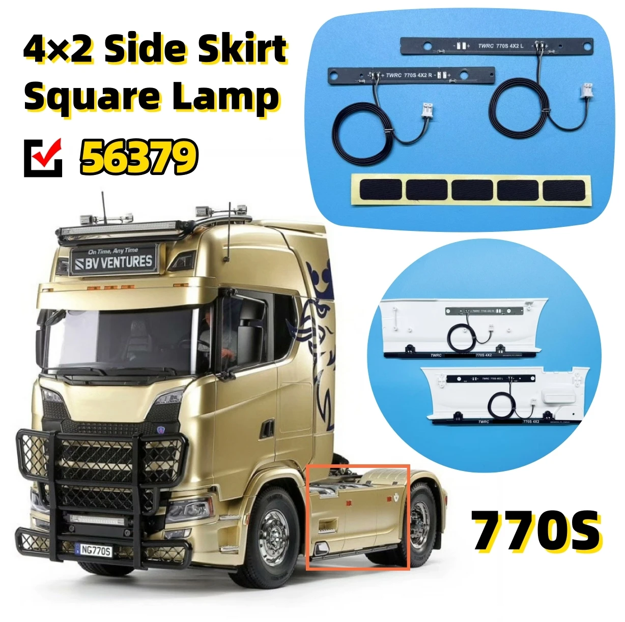 

770S светодиодная боковая юбка, квадратный светильник, обновленное освещение для 1/14 Tamiya RC Scania 770S 56379, детали игрушки с дистанционным управлением и прицепом