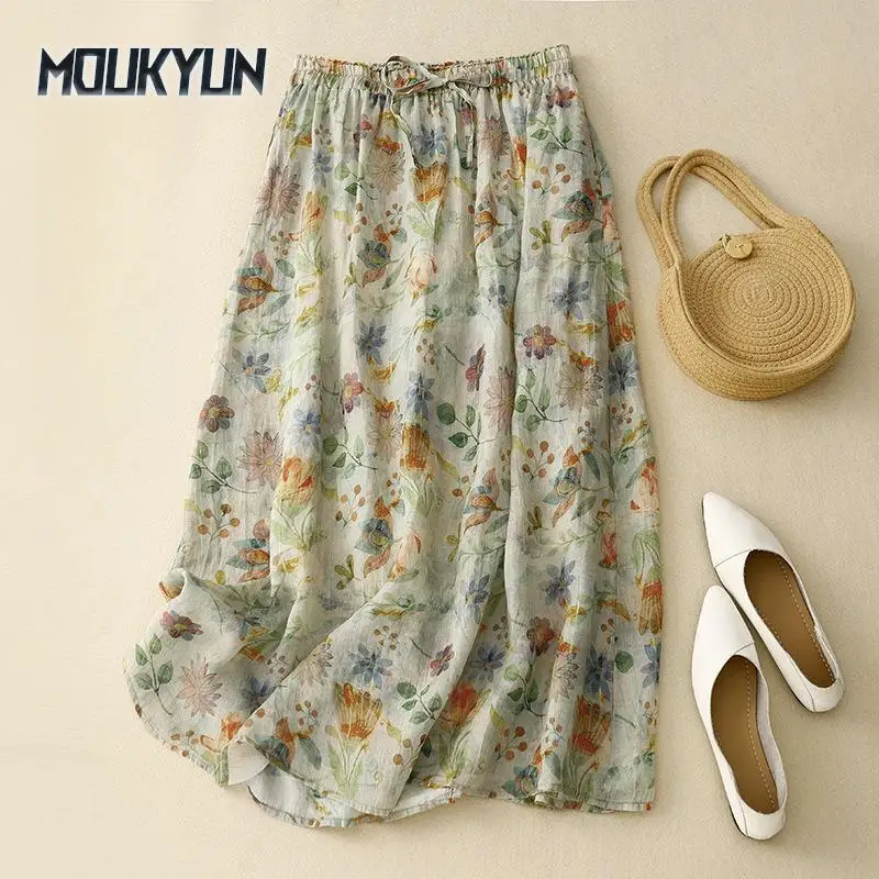 

Double-layer Floral Skirt Women's Literary and Artistic Thin Summer Temperament Cotton and Linen Lined Skirts