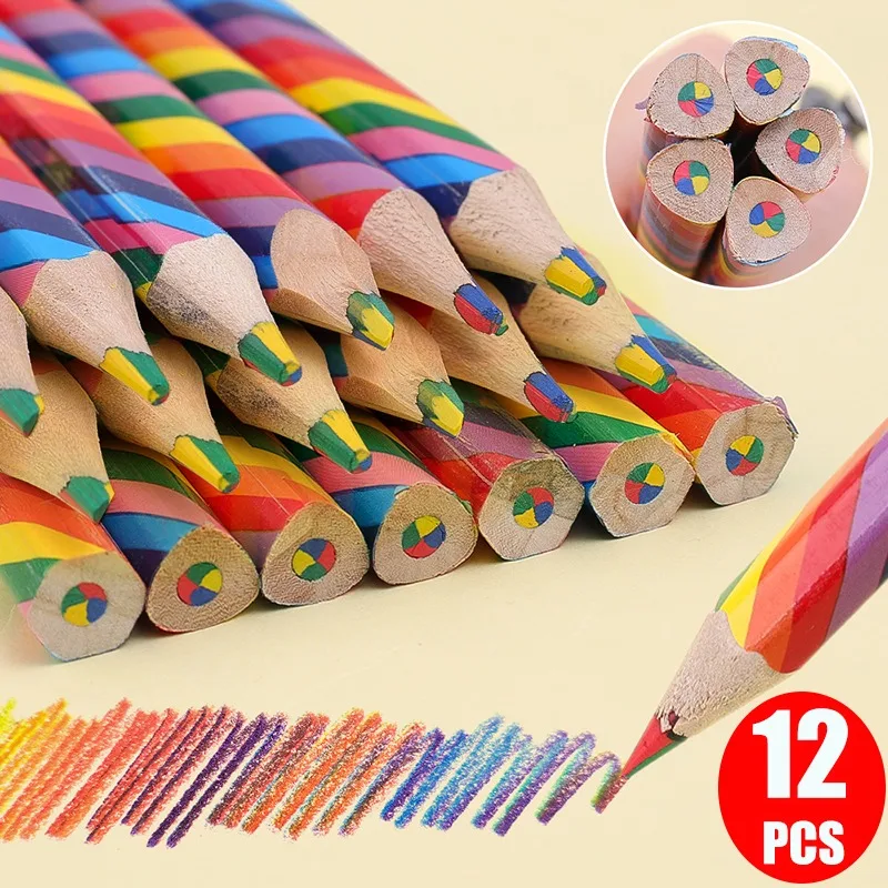 1-12pcs Colored Pencils Hexagonal Triangular 4 Color Wooden Rainbow Core Color Pencil Kid School Art Drawing Painting Pencils