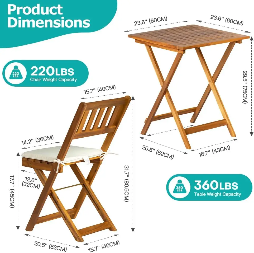 

3PCS Patio Bistro Set Acacia Wood Folding Table Chairs with Cushions Foldable Patio Furniture Set