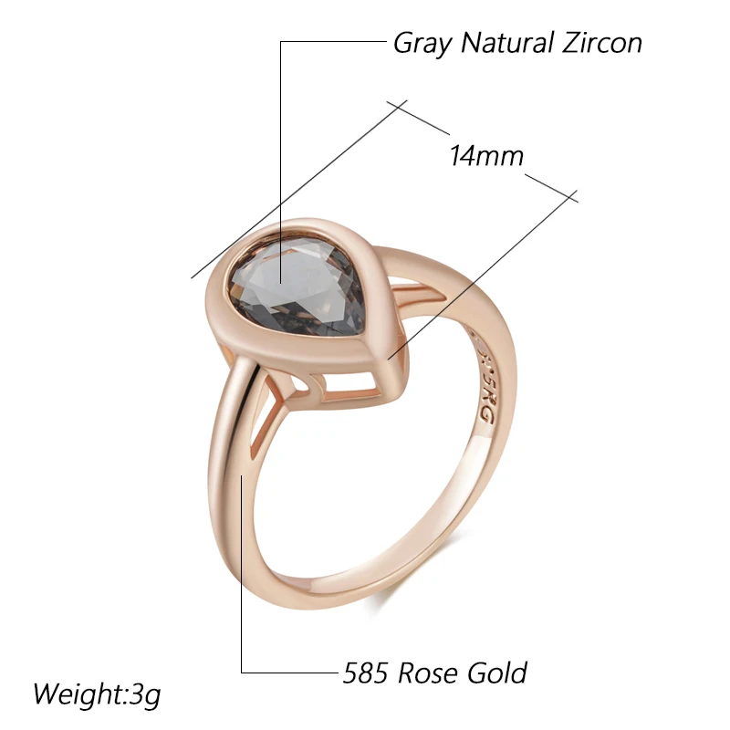 Kinel Hot Grey Crystal Water Drop Rings For Women Fashion 585 Rose Gold Color With Natural Zircon High Quality Daily Jewelry