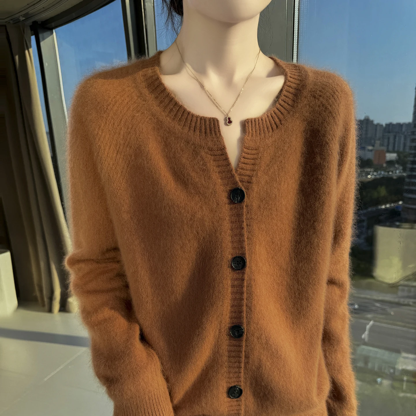 

Autumn Winter New O-neck 100% Mink Cashmere Cardigan Sweater Women's Soild Button High-end Warm Basic Knitted Long Sleeve Tops