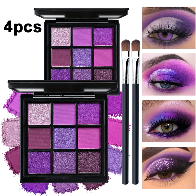 4pcs Set for 2pcs Purple Eyeshadow Palette with 2pcs Brushes,Matte Shimmer Glitter Violet Eye Shadow Palette Long Lasting Eye