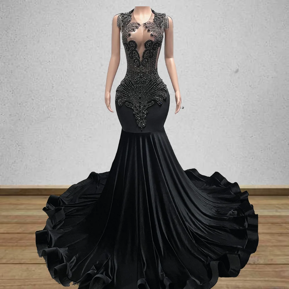Sparkly Black Prom Dresses For Black Girls Velvet Crystals Sequin Mermaid Party Gowns Customized Graduation Evening Dress