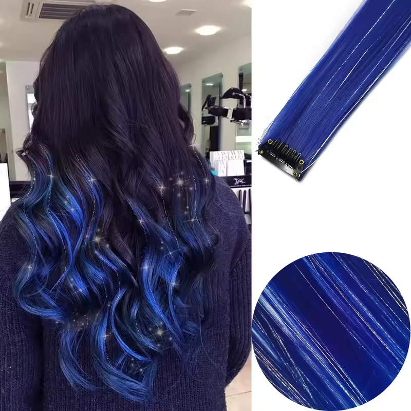 Clip in Hair Extensions Colored Party Highlights 22 inches 6pcs/pack Multi-colors Straight Hair Synthetic Hairpieces Royal Blue - Image 24