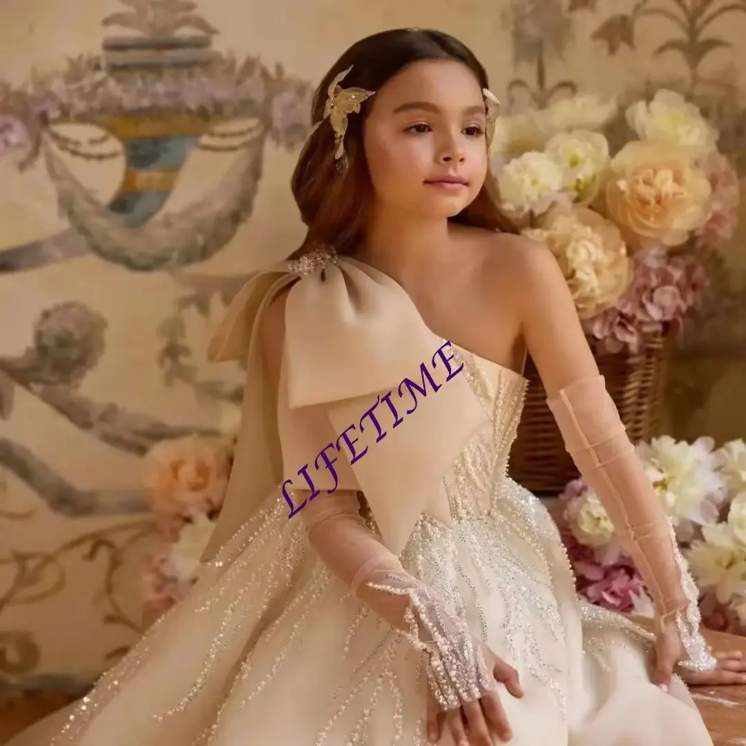 Exquisite One-Shoulder Flower Girl Dress with Bow Beading for Birthday Party A-Line Banquet Gown First Communion Customizable