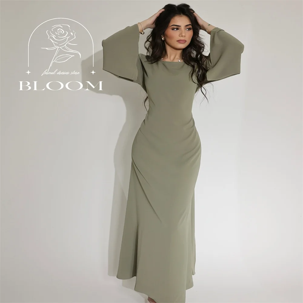 

Bloom Customized Long Flare Sleeve Everning Party Dress O-Neck Mermaid Simple Design Back Lace Up Elegant New High Quality