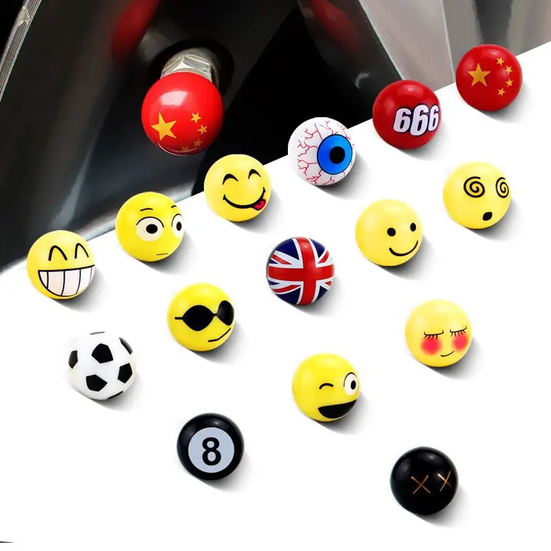 

1set=4Pcs Ball Tire Valve Stem Cap Mouth Cover Funny Smiley Valve Accessories Modified Gas Cap Tire Cap Personality Car Styling