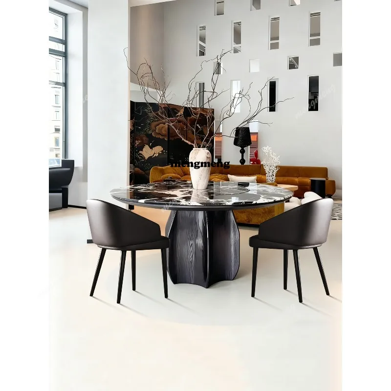 Natural black luxury stone round table light luxury large and small apartment villa restaurant dining table and chairs