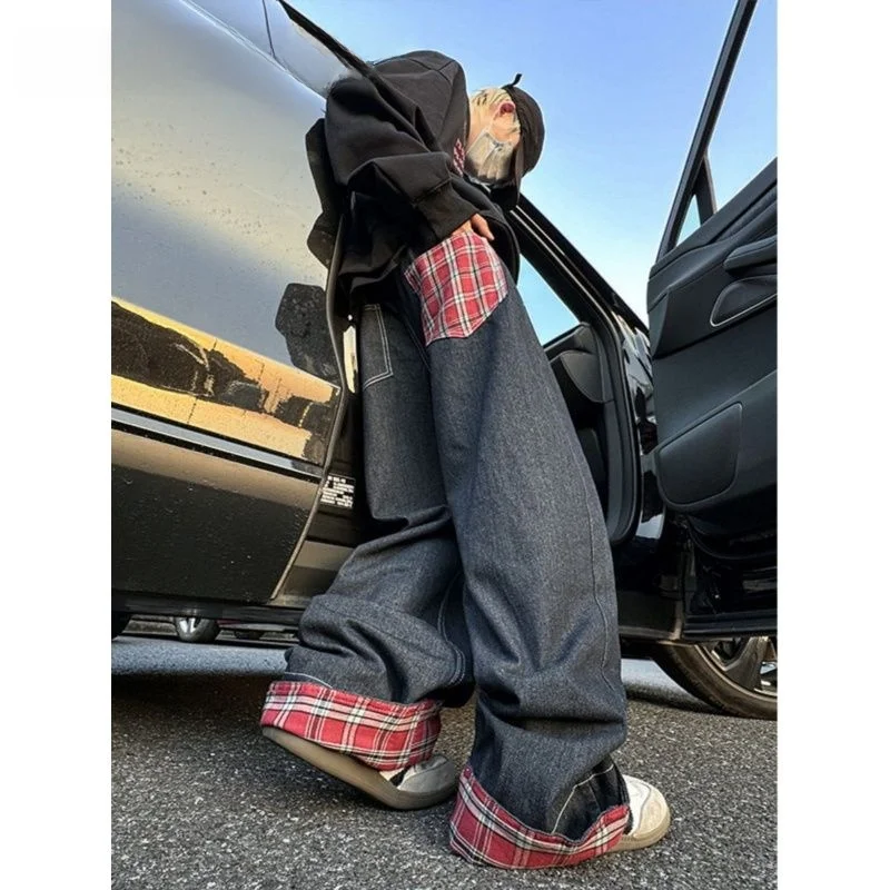 

American Retro Plaid Cuffed Straight Leg Jeans Unisex High Street Hiphop Loose Casual Wide Leg Long Trousers