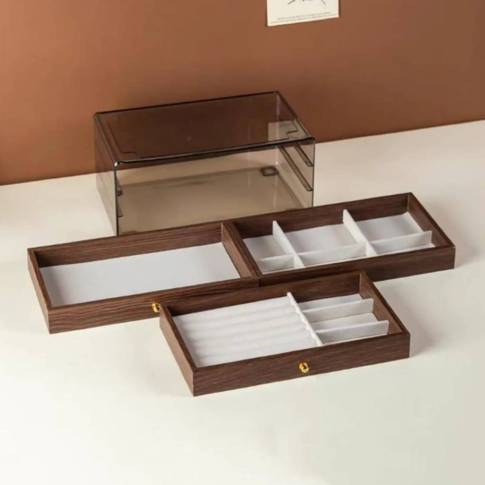

Walnut Wood Grain Jewelry Case Large Capacity 3-Drawer Jewelry Chest Multi-Compartment Storage Case Perfect Gift for Dresser