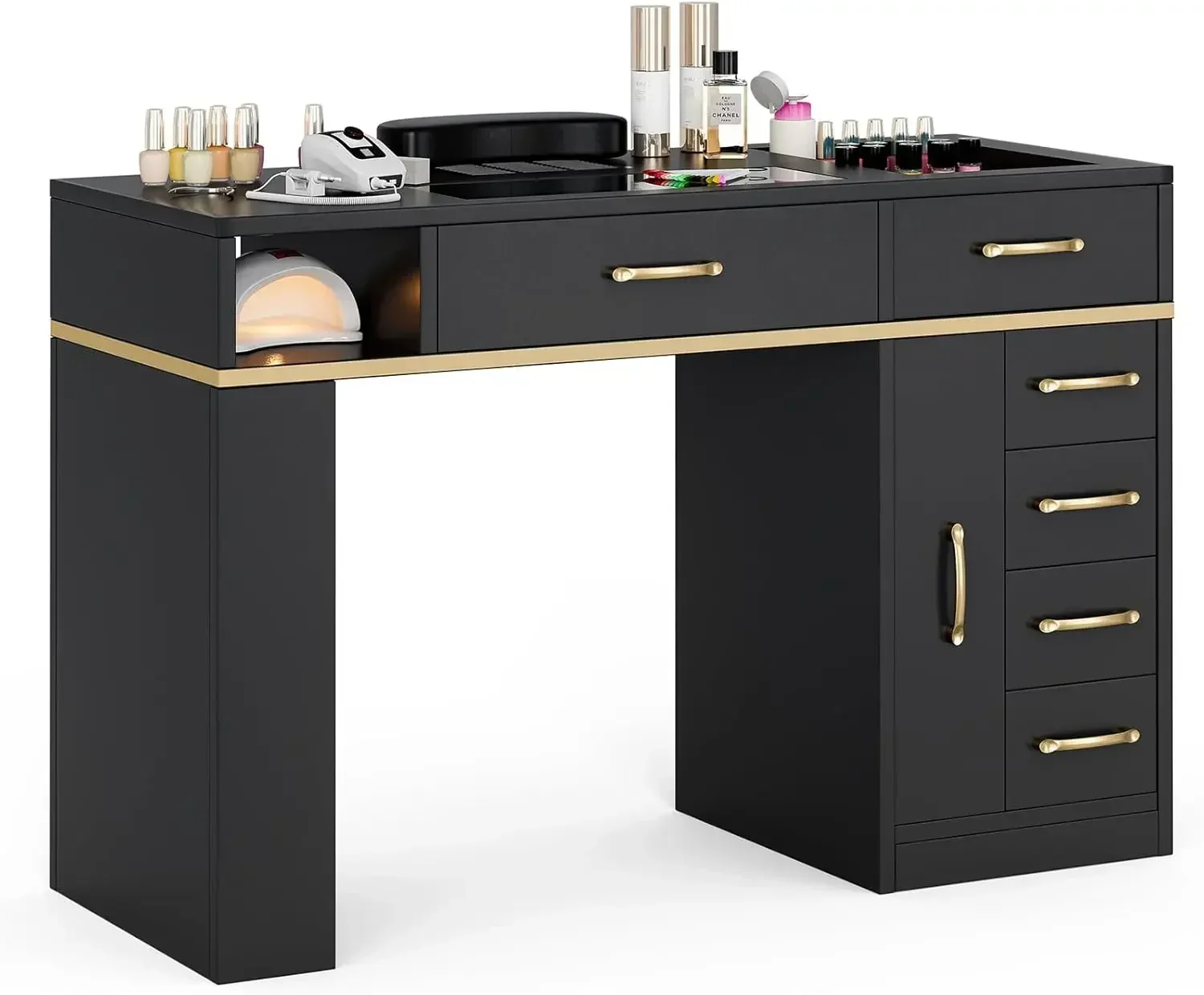 

Прочный маникюрный стол с пылесборником, стеклянной столешницей для ногтей, настольная станция для ногтей с 7 ящиками для хранения и 3-х ящиками, открытая