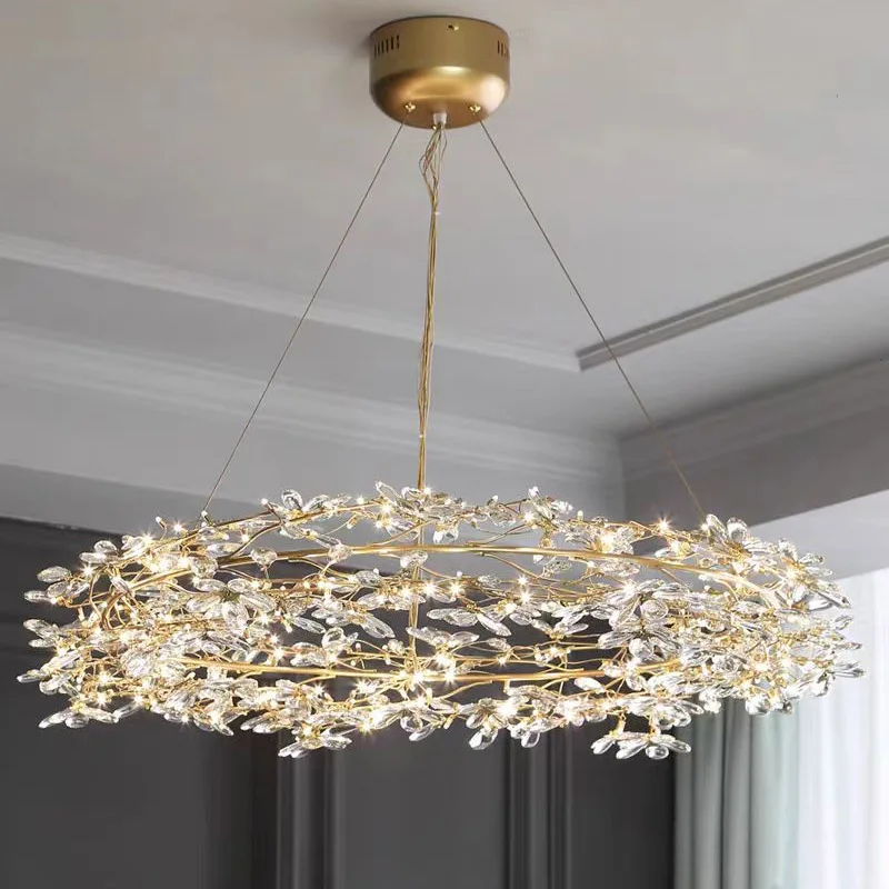 Modern Crystal Wreath Pendant Living Room Bedroom Kitchen Firefly Crystal Pendant Golden Branch Circular Decorative Lighting