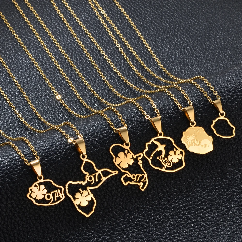 1 قطعة خريطة ريونيون مخطط 974 الكركديه وشجرة جوز الهند غوادلوب مارتينيك قلادة القلائد مجوهرات من صلب لا يصدأ # 593662 #2