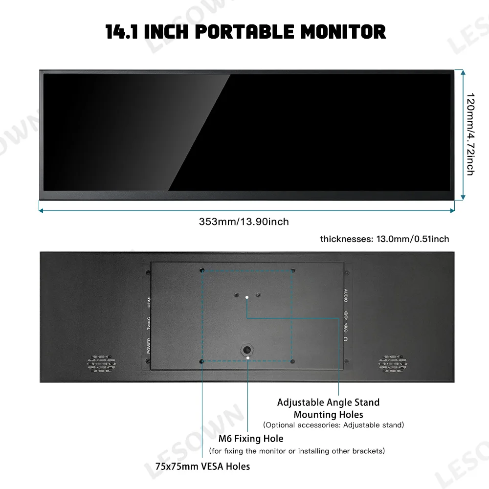 LESOWN 14.1 Inch 10-Point Travel Screen 4K Ultrawide Stretched Bar Monitor Plug & Play Aluminium Display for MacBook