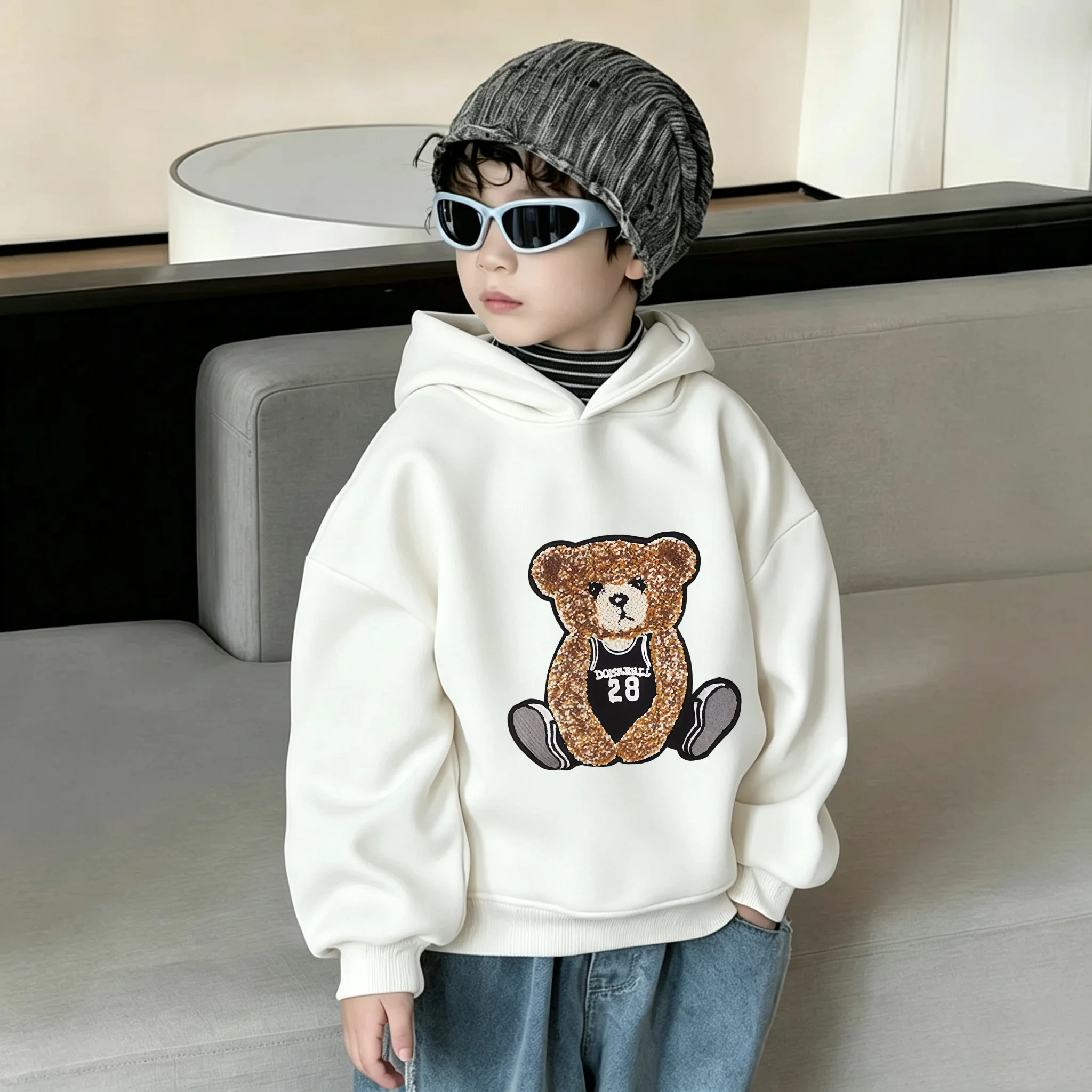 Kids Boys Hooded Sweatshirt Sequin Bear 28 Number Print Casual Loose Pullover Hoodie Children Streetwear Tops