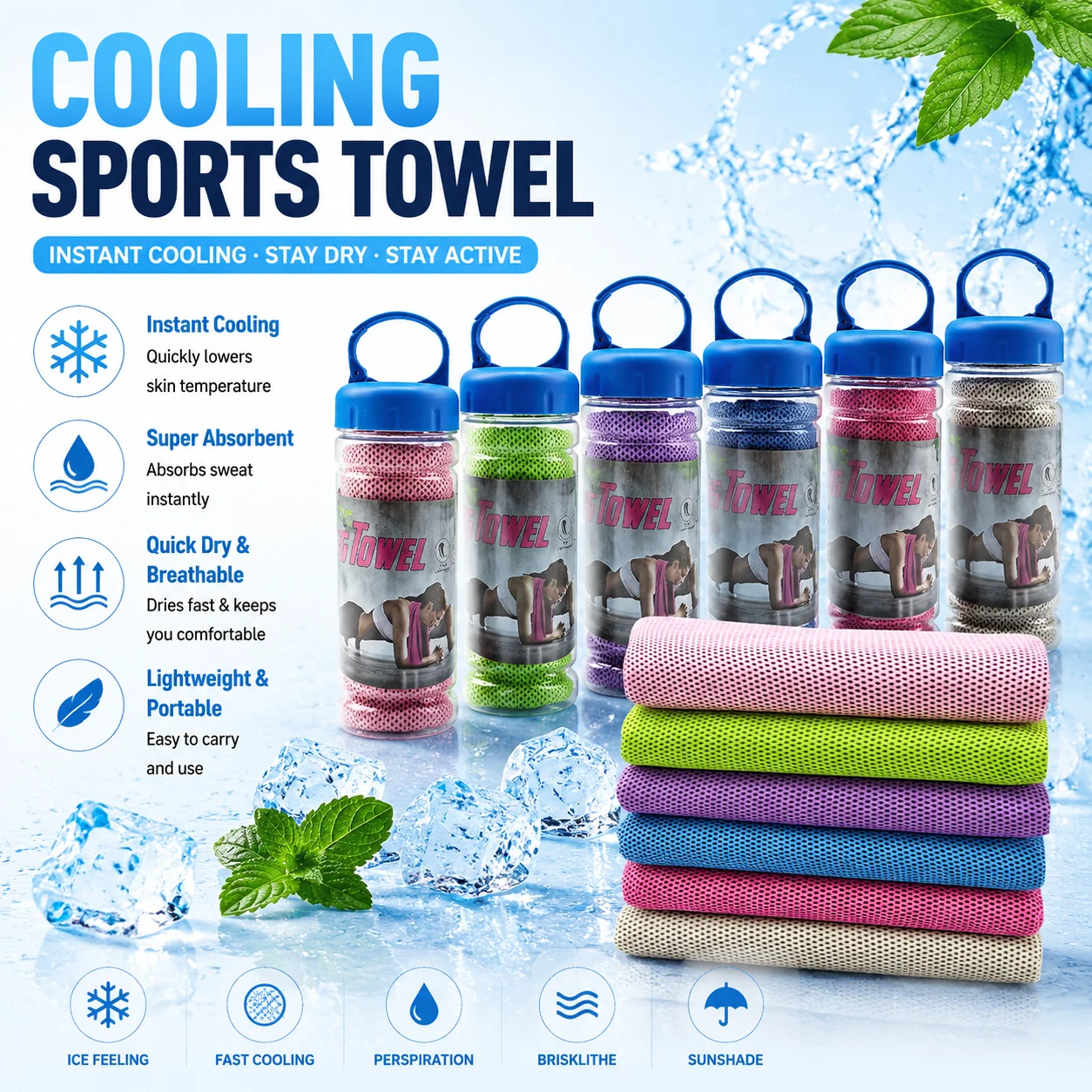 Cooling Sports Towel Instant Ice Towel Quick Dry Sweat Absorbent Portable PE Bottle Pack for Gym Yoga Fitness Running Outdoor