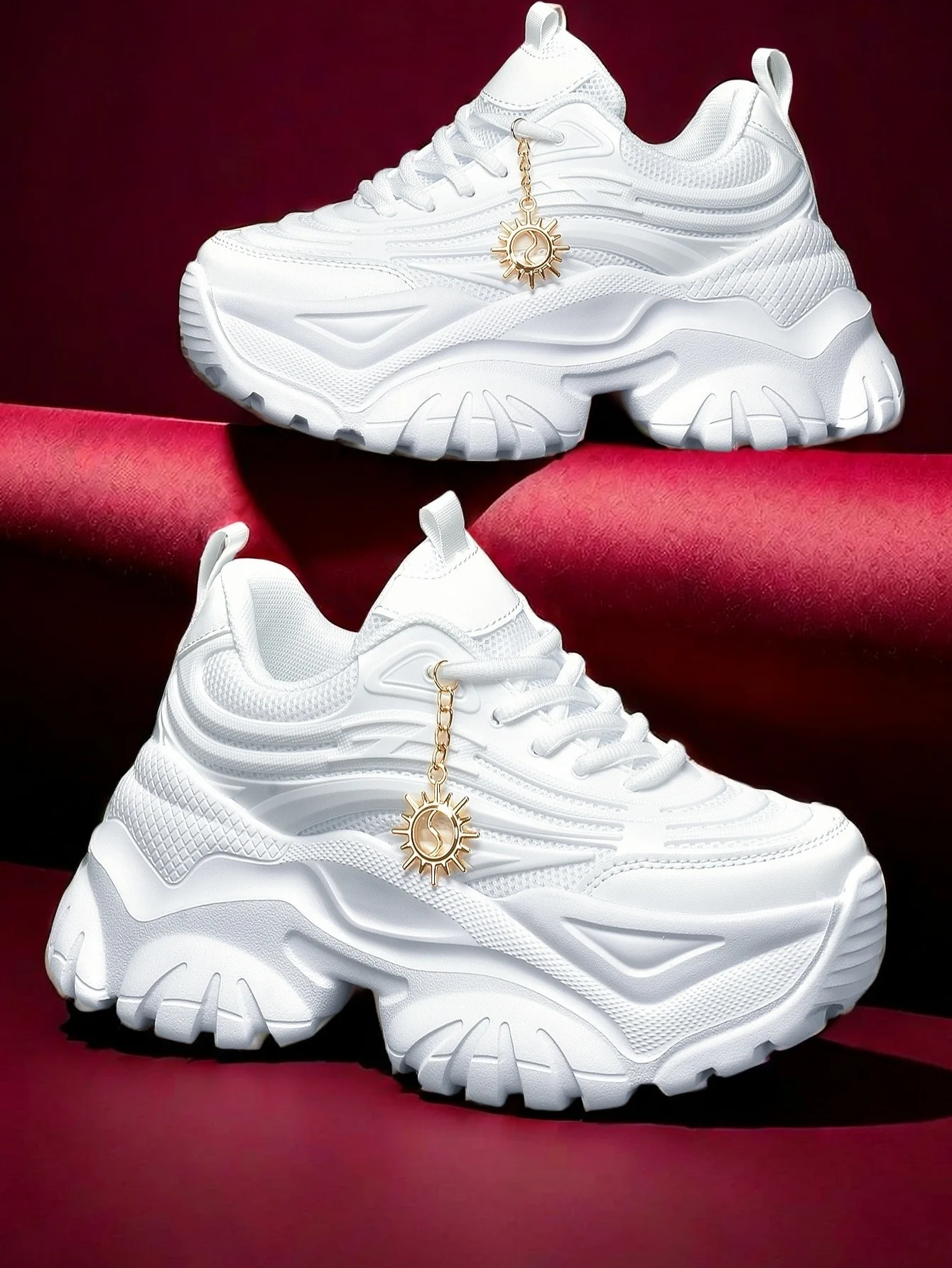 

Women's High-Heeled Shoes with Solid Thick Soles and Heightening 7cm Fashionable Casual Vulcanized Shoes with Sunflower Decorative Hanging Chain Shoes Gold Accessories Trbottomyy Versatile White Women's Lightweight Comfortable Soft Soles Shock-Absorbing N