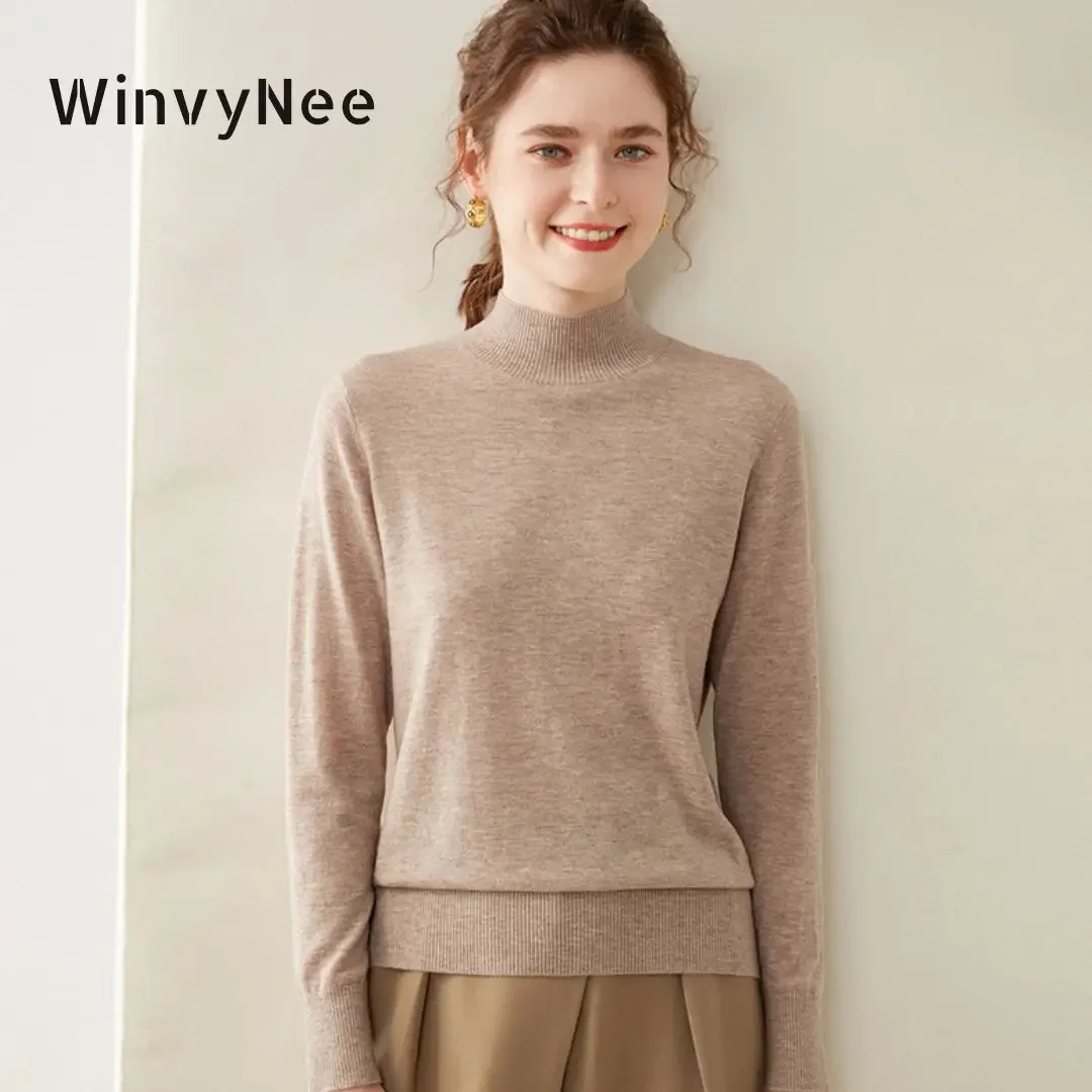 

WinvyNee Women's Clothing Merino Wool Sweaters Long Sleeve Mock Neck Casual Jumpers Solid Pullovers Outerwears Autumn A1173016