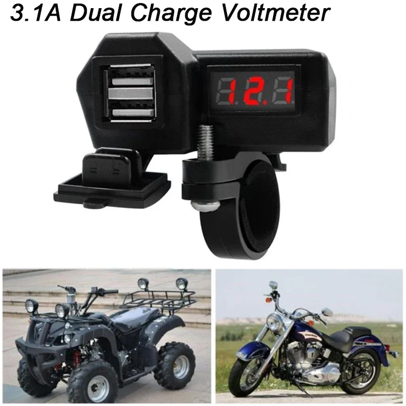10-24V 3.1A Dual USB Port Motorcycle Charger with Voltmeter Waterproof Fast-Charging Cable for 12V/24V Bikes, ATV, Boats