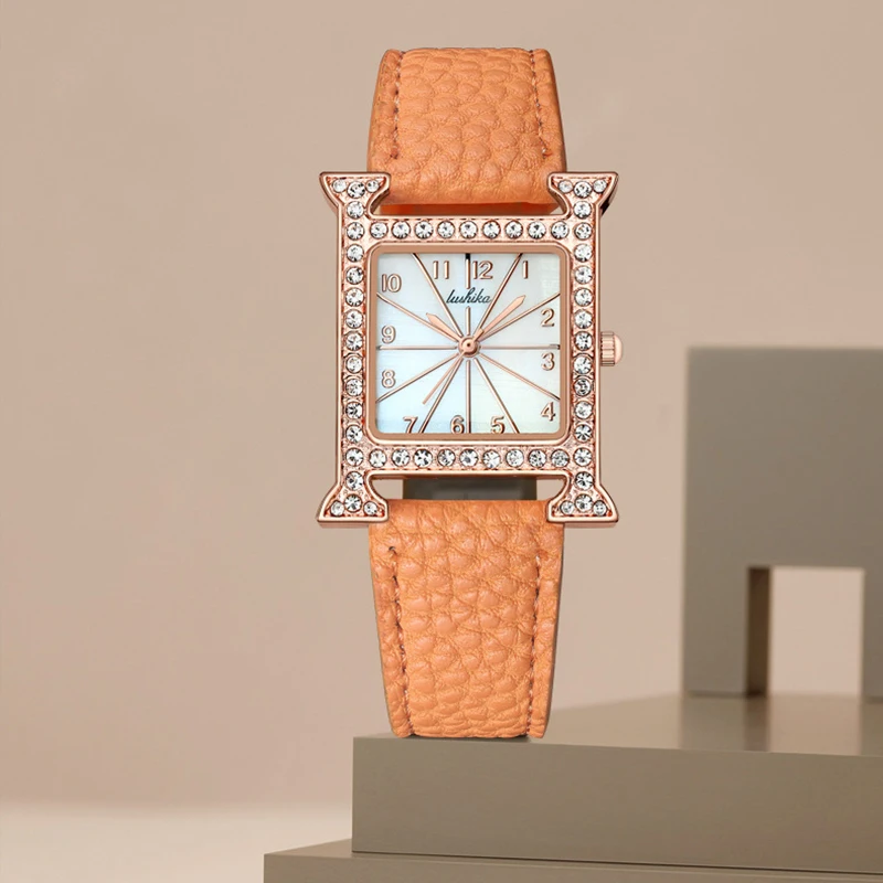 女性のための高級クォーツ時計,エレガントなファッション,正方形,耐水性,革,ガールフレンドへのギフト