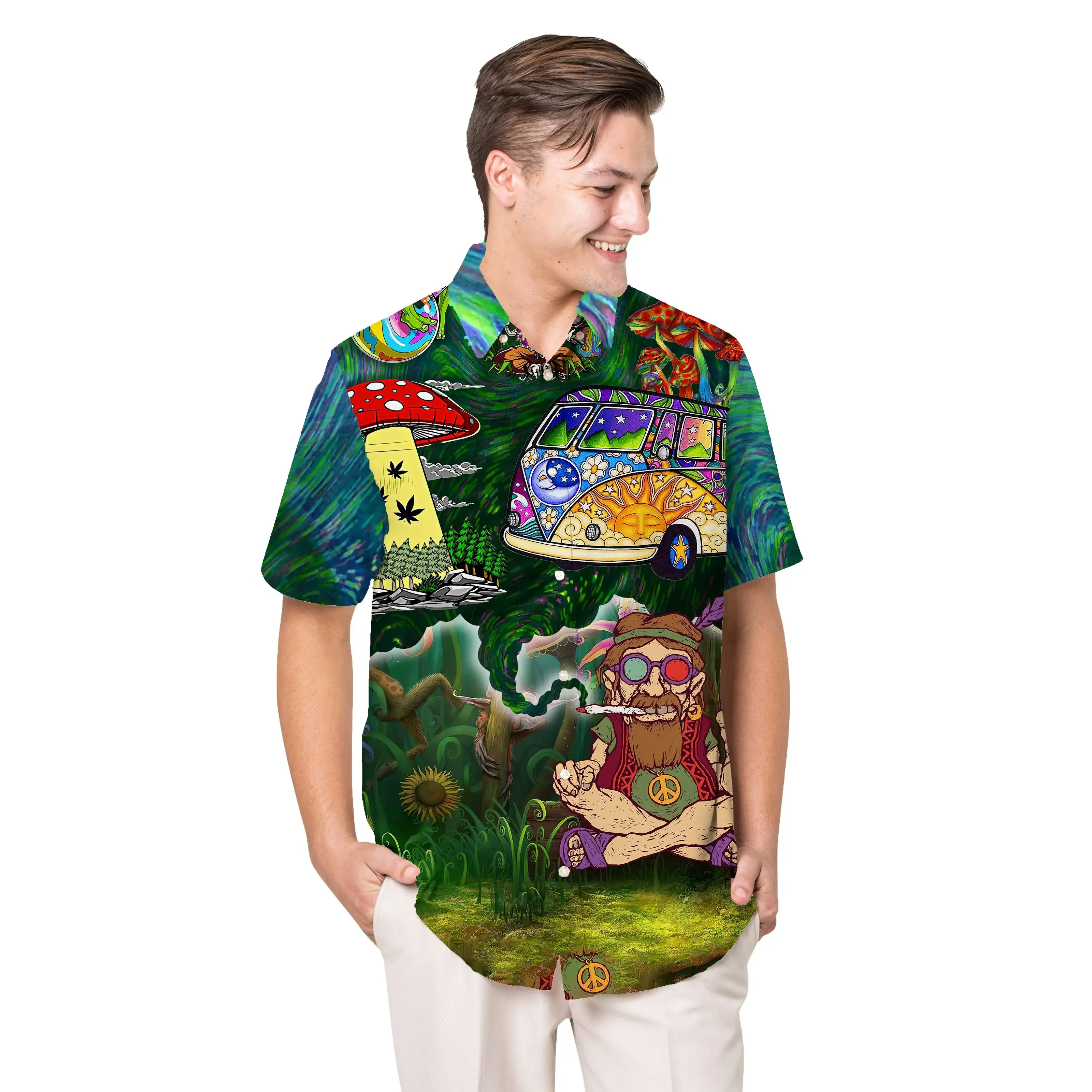 

Jumeast Cartoon Pattern Short Sleeve Hawaiian Shirt Peace Sign Mushroom Graphics Aloha Shirts Tropical Baggy Casual Man Clothes