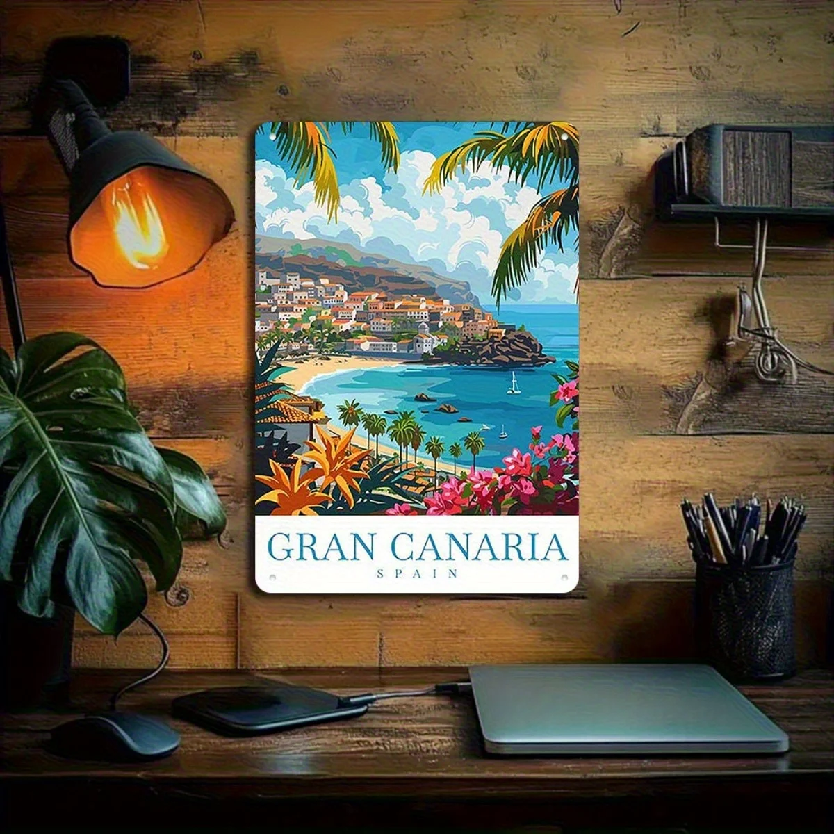 Vintage Metal Tin Sign Gran Canaria Spain Tropical Beach Palm Tree Decor Pre-drilled Indoor Outdoor Bar Cafe Garage Wall Art 12x