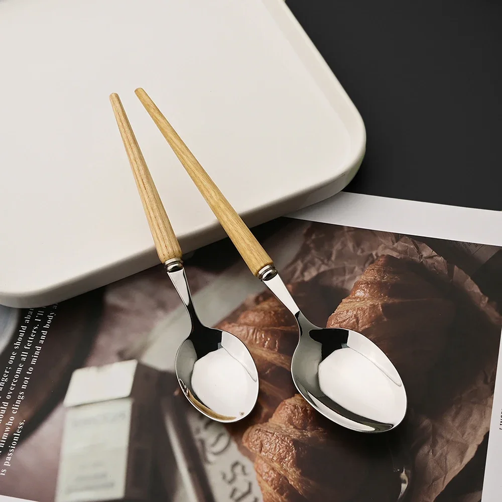 4/5/6Pcs Wooden Handle Dinnerware Cutlery Set 304 Stainless Steel Tableware Knife Fork Tea Spoons Silverware Western Flatware