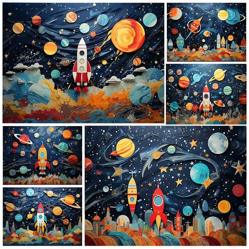 Imagen 1 del producto Fondo de cohete espacial fotografía dibujos animados nave espacial Mars niños ducha niño feliz cumpleaños papel tapiz decoración telón de fondo